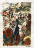 Ilustração colorida de Camille Pissarro de uma feira ou mercado ao ar livre com muitas pessoas e prédios ao fundo. O estilo é característico do impressionismo com pinceladas soltas e cores vibrantes.