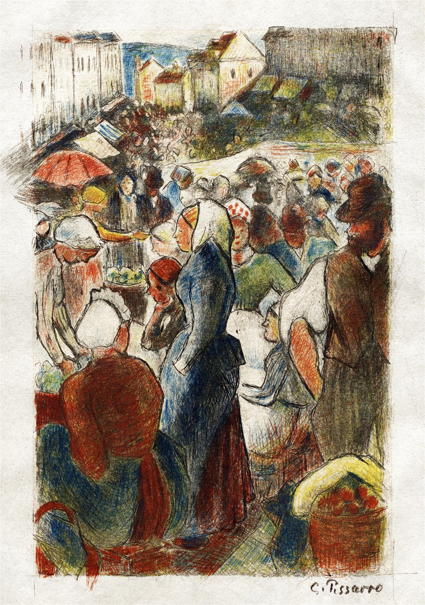 Ilustração colorida de Camille Pissarro de uma feira ou mercado ao ar livre com muitas pessoas e prédios ao fundo. O estilo é característico do impressionismo com pinceladas soltas e cores vibrantes.