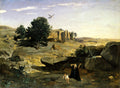 Quadro decorativo "A Expulsão de Hagar" de Camille Pissarro, mostrando uma mulher ajoelhada em desespero ao lado de uma criança em um deserto rochoso, com uma figura alada no céu.