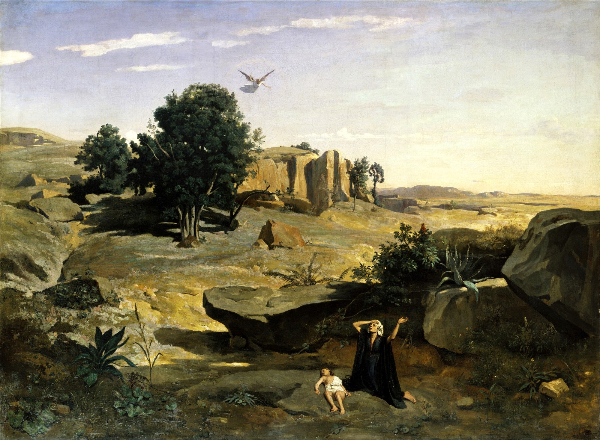 Quadro decorativo "A Expulsão de Hagar" de Camille Pissarro, mostrando uma mulher ajoelhada em desespero ao lado de uma criança em um deserto rochoso, com uma figura alada no céu.
