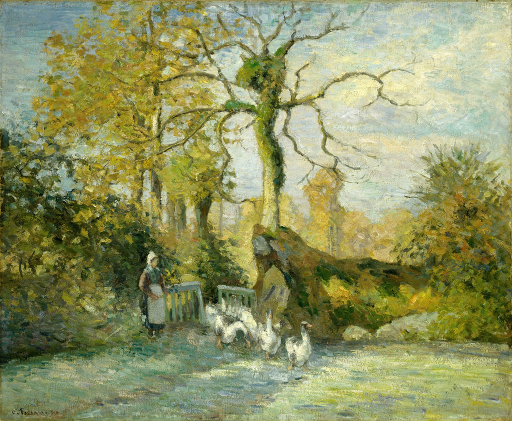 Pintura de Camille Pissarro, 'A Guardiã dos Gansos', mostrando uma mulher vestida com roupas de fazenda e touca branca, cuidando de gansos em um jardim ou campo verdejante com árvores de folhagem amarela e verde, sob um céu azul claro com nuvens.