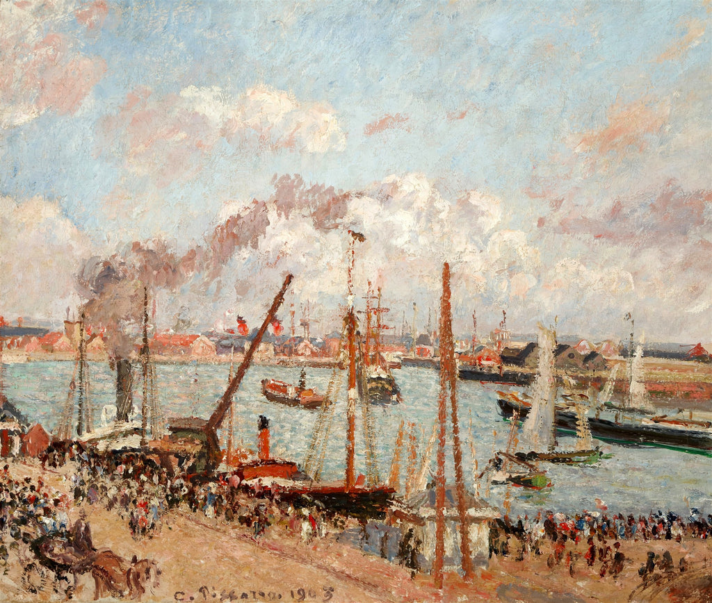 Quadro decorativo com pintura a óleo de Camille Pissarro representando o Porto de Rouen com navios, fumaça e uma multidão na doca sob um céu nublado com nuvens rosadas.