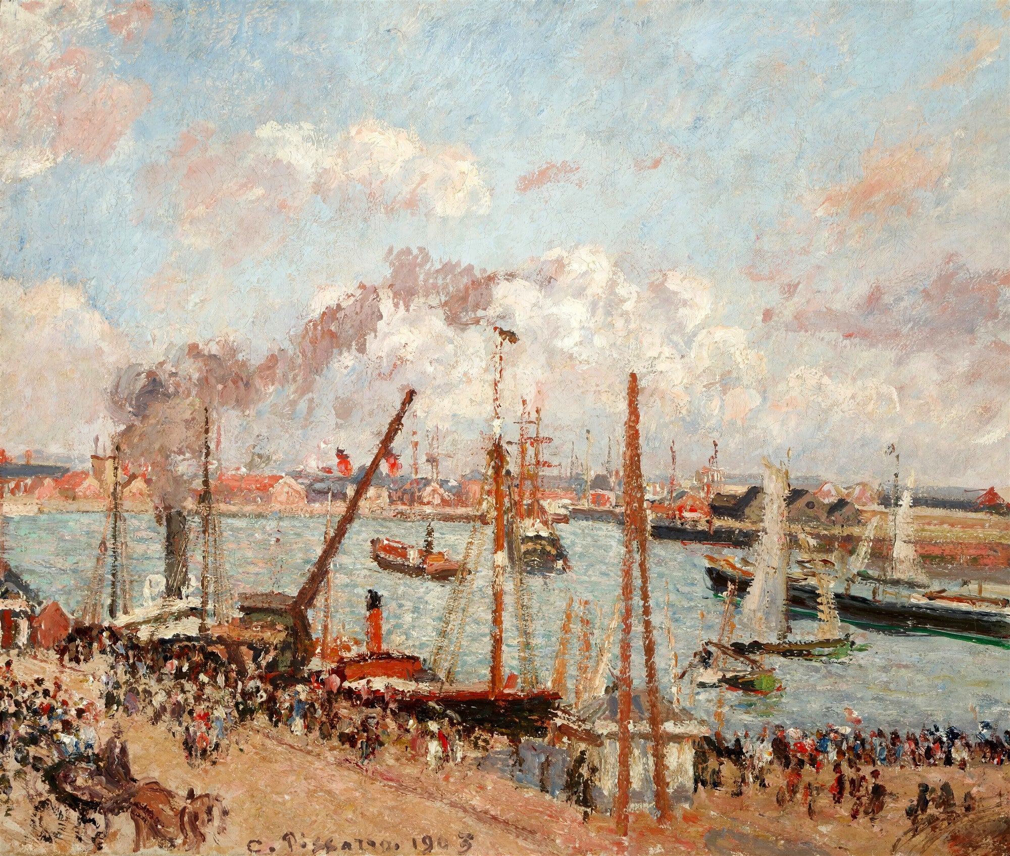 Quadro decorativo com pintura a óleo de Camille Pissarro representando o Porto de Rouen com navios, fumaça e uma multidão na doca sob um céu nublado com nuvens rosadas.