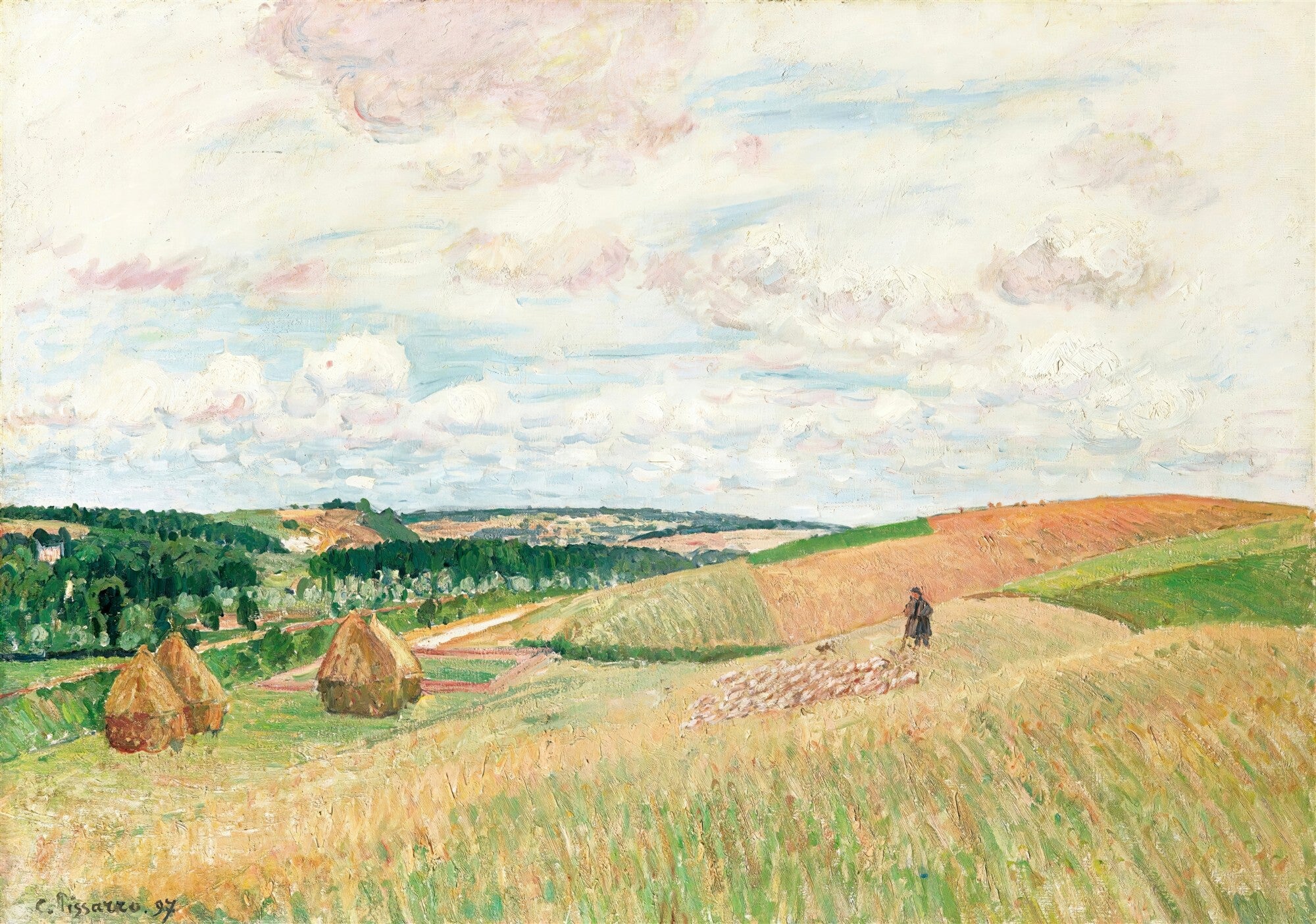 Pintura a óleo de Camille Pissarro, Campo de Trigo com Ceifeira, mostrando uma vasta paisagem rural com campos dourados de trigo, duas pilhas de feno e uma figura de ceifeira ao longe, sob um céu claro com nuvens esparsas.