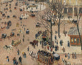 Pintura a óleo de Camille Pissarro mostrando uma vista aérea de um movimentado boulevard parisiense com pessoas, carruagens e árvores secas, sob uma luz difusa.