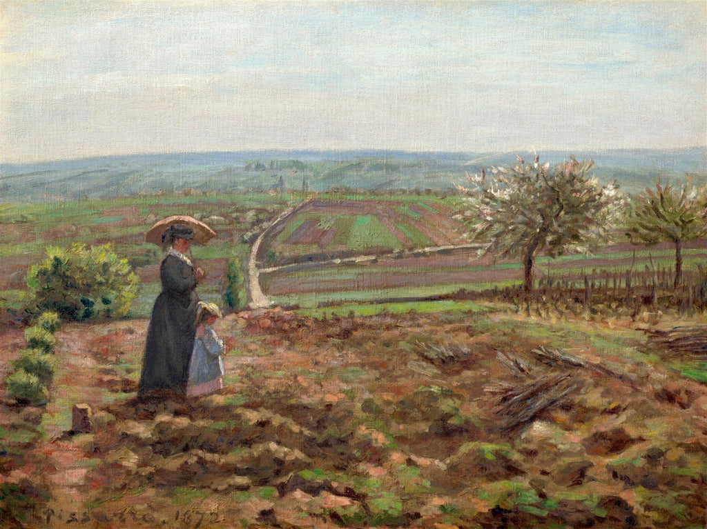 Quadro decorativo com pintura impressionista de Camille Pissarro, representando uma mulher com guarda-chuva e uma criança em um campo florido com vista panorâmica