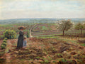 Quadro decorativo com pintura impressionista de Camille Pissarro, representando uma mulher com guarda-chuva e uma criança em um campo florido com vista panorâmica