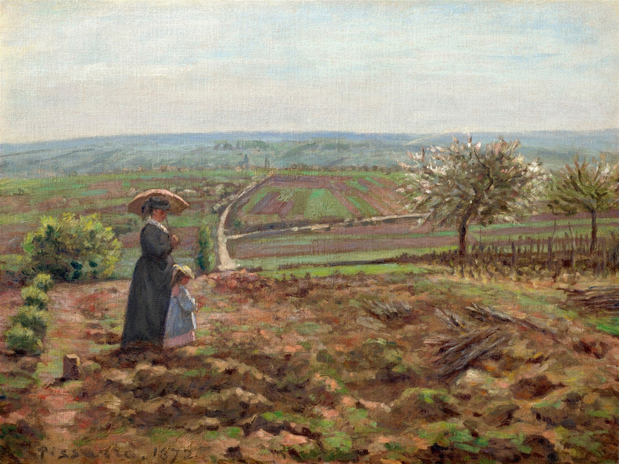 Quadro decorativo com pintura impressionista de Camille Pissarro, representando uma mulher com guarda-chuva e uma criança em um campo florido com vista panorâmica