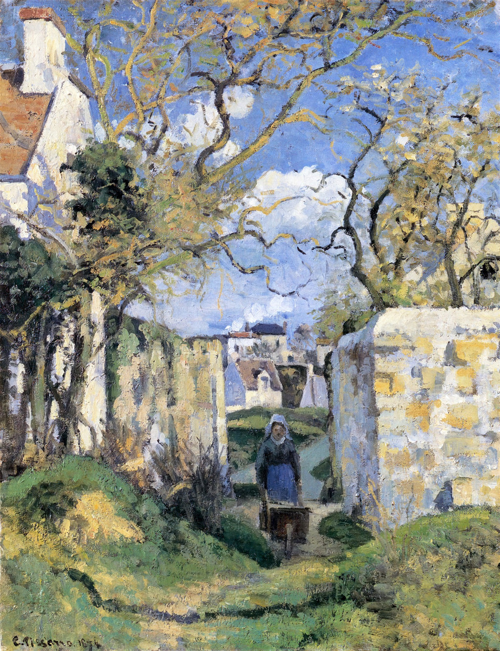 Pintura a óleo de Camille Pissarro, 'A Carriola', mostrando uma figura feminina empurrando uma carriola em um caminho de terra ladeado por muros e árvores com folhagem amarelada sob um céu azul com nuvens brancas, com casas ao fundo.