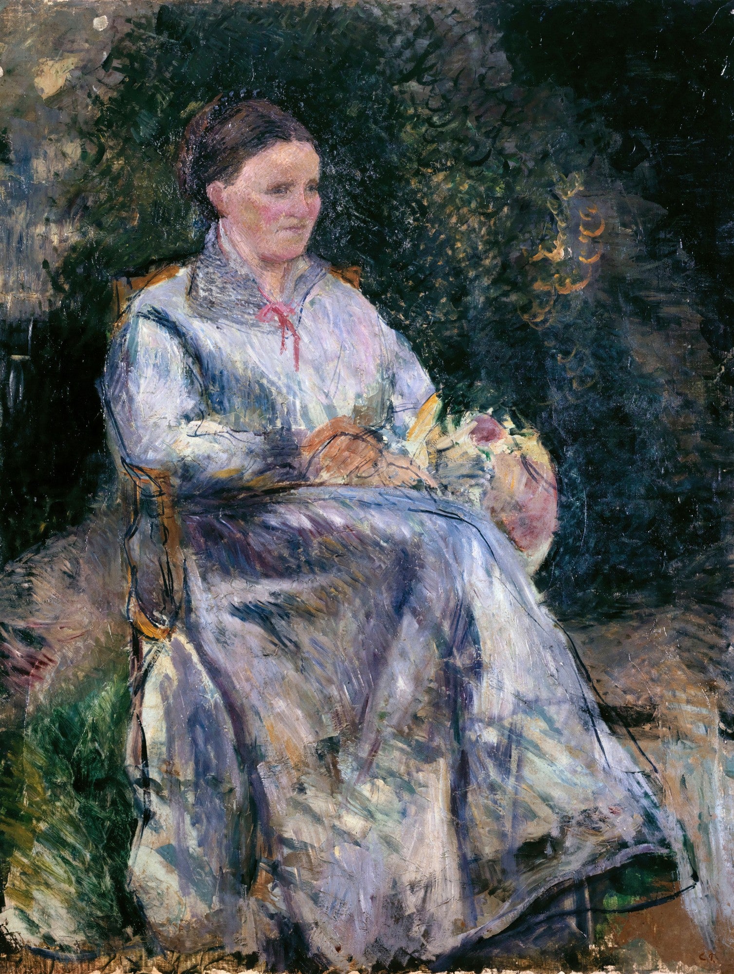 Pintura a óleo de Camille Pissarro retratando uma mulher camponesa sentada, com vestido azul e branco, em um ambiente natural com fundo verde escuro e pinceladas soltas.