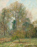Quadro decorativo de paisagem outonal atribuída a Camille Pissarro, com árvores de folhagem densa em tons de verde e marrom, e um céu claro. A pintura exibe pinceladas visíveis e textura marcante.