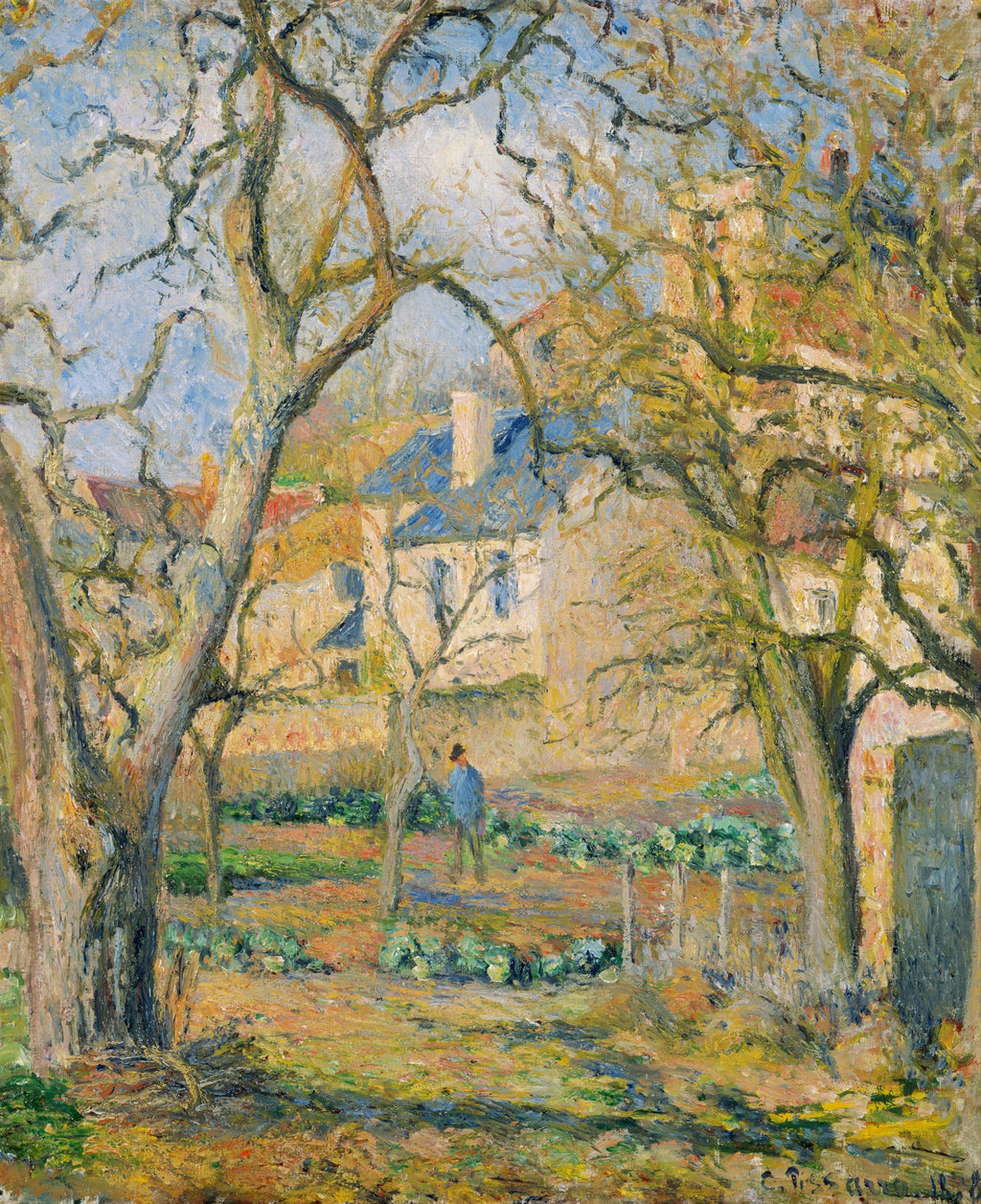 Quadro do artista Camille Pissarro, obra Jardins de Pontoise, retratando um jardim com árvores sem folhas, um jardineiro e casas ao fundo, sob uma luz amena.