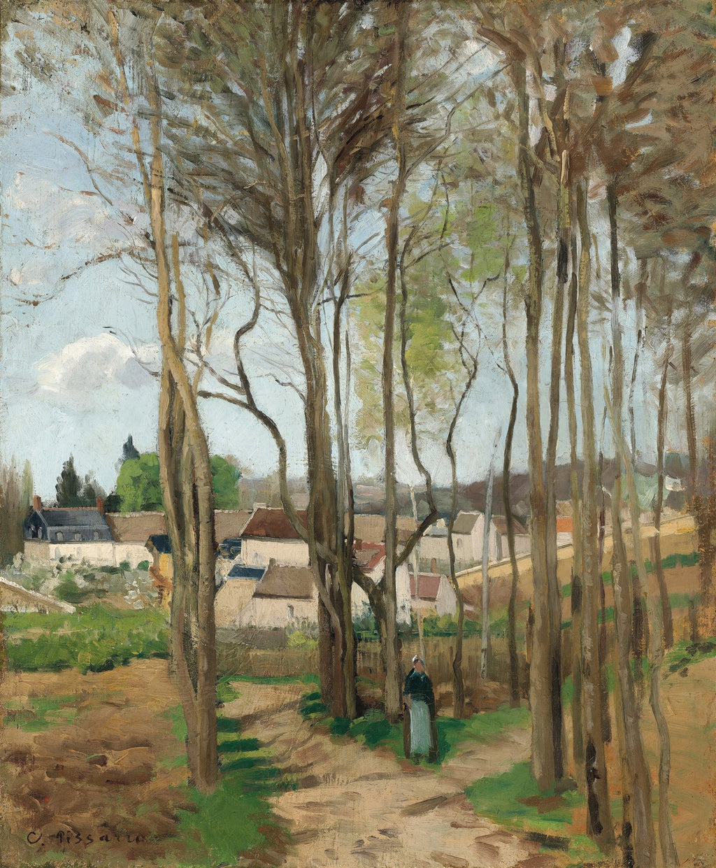 Quadro decorativo mostrando um caminho de terra ladeado por árvores altas e finas, com um vilarejo de casas brancas e telhados avermelhados ao fundo sob um céu claro com nuvens, assinado por C. Pissarro.