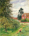 Pintura a óleo de Camille Pissarro representando um pomar de maçãs em Éragny, com uma casa avermelhada ao fundo e um pequeno caminho com uma figura feminina. Predominam tons de verde, vermelho e azul claro.