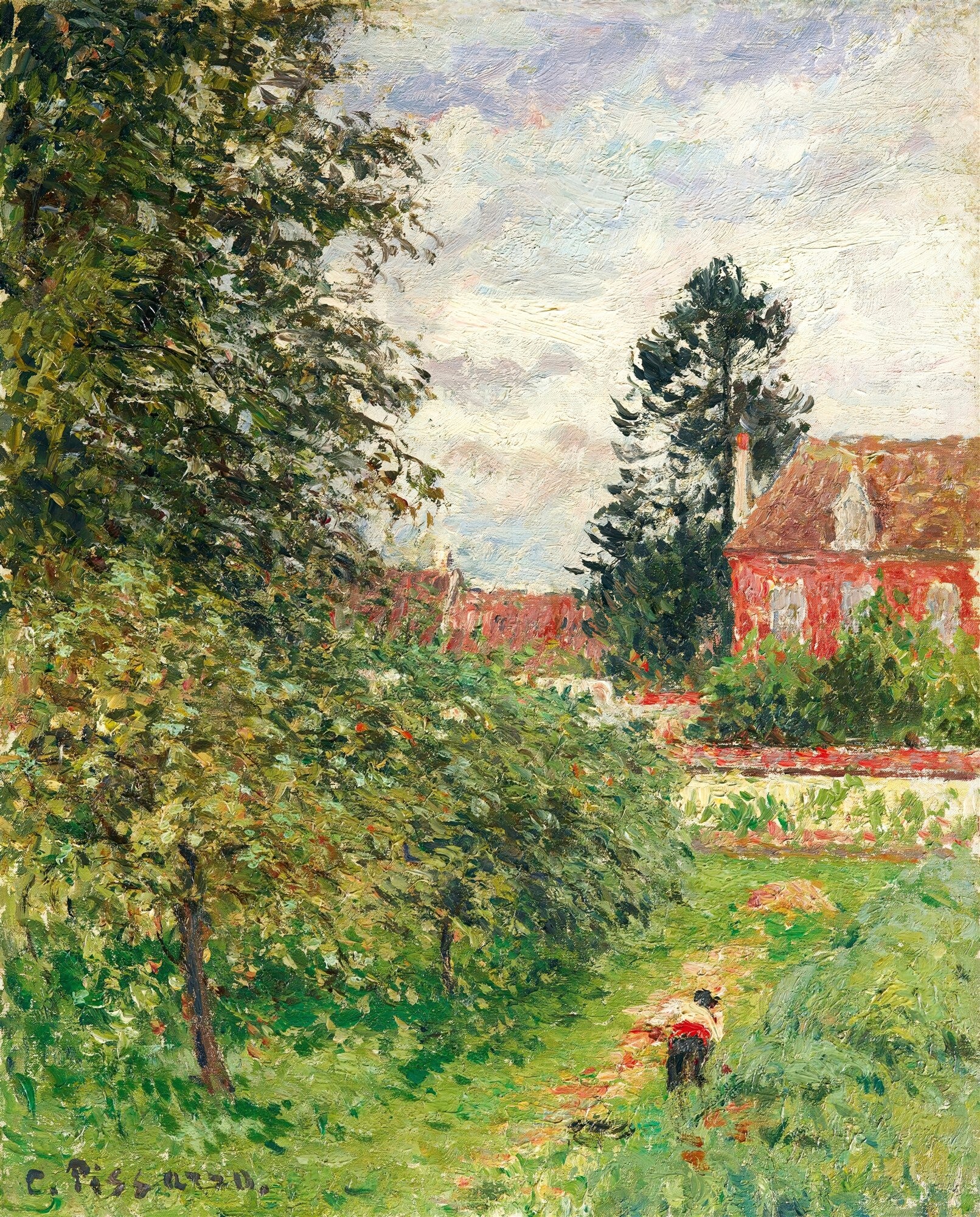 Pintura a óleo de Camille Pissarro representando um pomar de maçãs em Éragny, com uma casa avermelhada ao fundo e um pequeno caminho com uma figura feminina. Predominam tons de verde, vermelho e azul claro.
