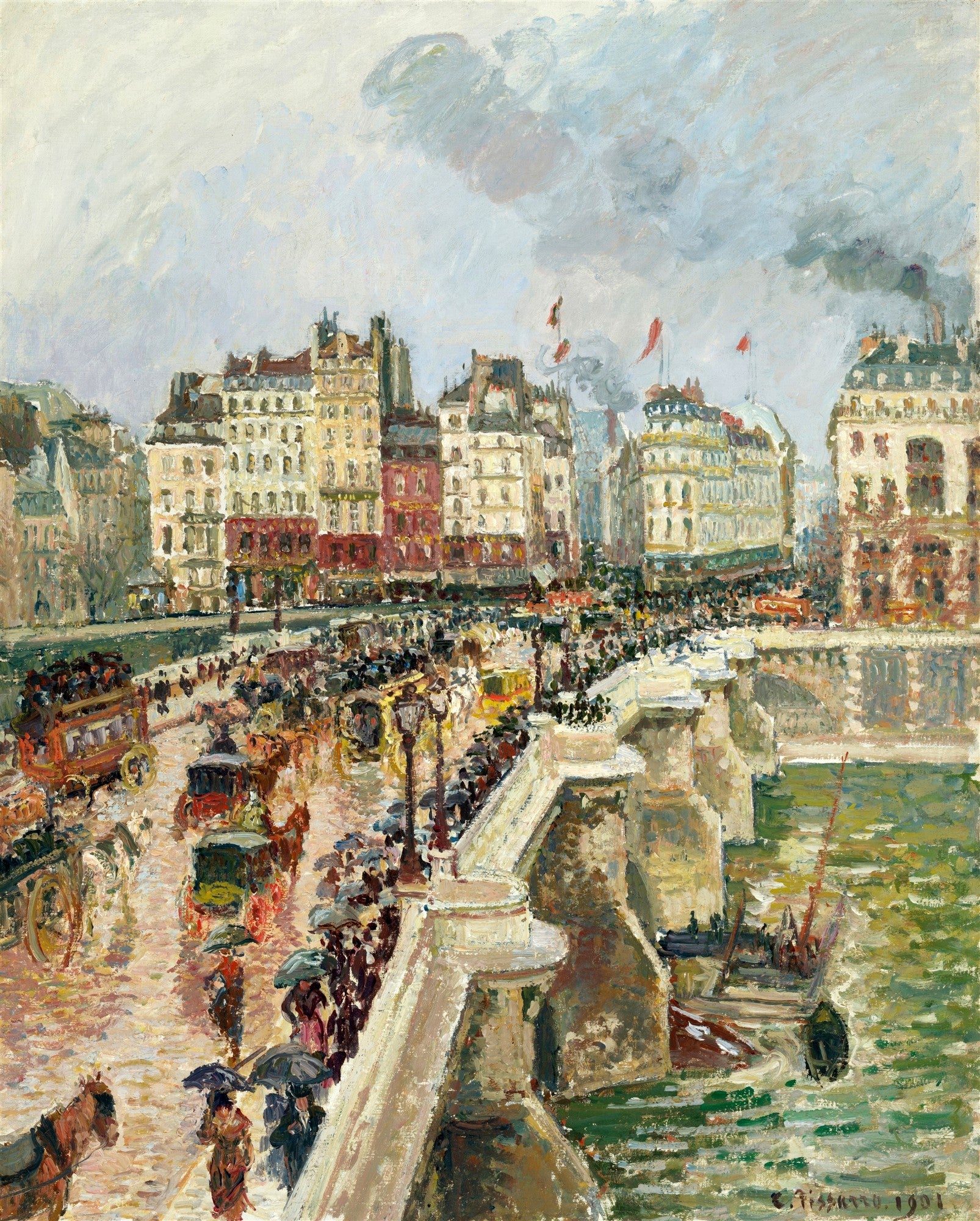 Pintura a óleo de Camille Pissarro retratando o Pont Neuf em Paris em um dia chuvoso, com o rio Sena, edifícios históricos e carruagens na ponte.