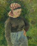 Retrato em óleo de uma camponesa com lenço na cabeça e blusa escura, em frente a um fundo verde de folhagem, atribuído a Camille Pissarro. A mulher tem uma expressão serena e está com uma das mãos na cintura.