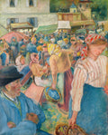 Pintura a óleo de Camille Pissarro, 'Le Marché à Pontoise', retratando um mercado movimentado com muitas figuras, tendas e construções ao fundo, em estilo impressionista com cores vibrantes e pinceladas soltas.