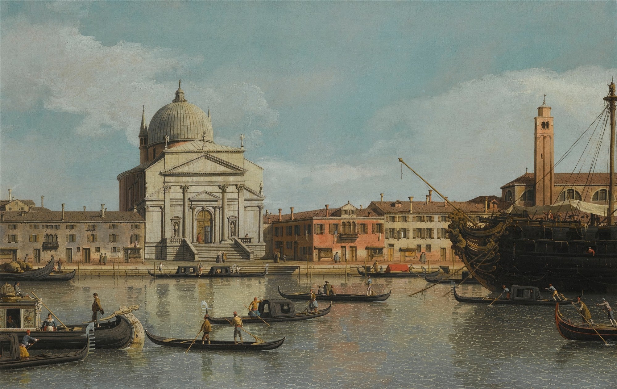 Quadro decorativo mostrando o Grande Canal de Veneza com edifícios históricos e gôndolas, dominado pela igreja de Santa Maria della Salute, sob um céu azul claro com nuvens.