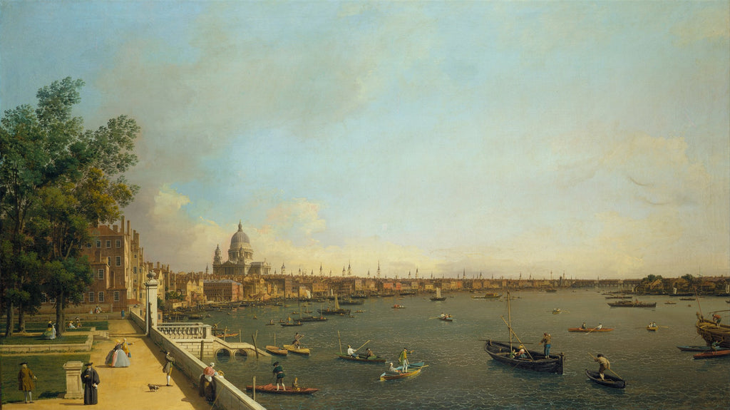 Pintura a óleo de Canaletto mostrando uma vista panorâmica do rio Tamisa em Londres, com a Catedral de São Paulo ao fundo e barcos no rio, além de pessoas passeando na margem esquerda arborizada.