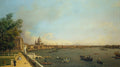 Pintura a óleo de Canaletto mostrando uma vista panorâmica do rio Tamisa em Londres, com a Catedral de São Paulo ao fundo e barcos no rio, além de pessoas passeando na margem esquerda arborizada.