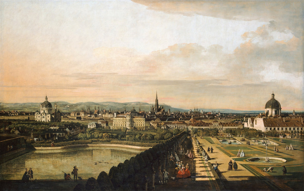 Vista panorâmica de Viena do século XVIII, com jardins formais, um lago e edifícios históricos sob um céu claro com nuvens esparsas, por Canaletto.