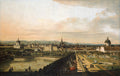 Quadro decorativo 'Vista Panorâmica de Viena' de Canaletto, mostrando uma vasta paisagem urbana com edifícios históricos, jardins formais, um lago e figuras elegantes, sob um céu nublado.