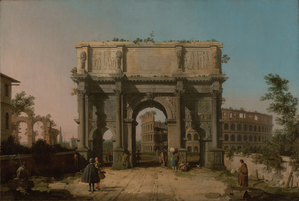 Pintura a óleo de Canaletto mostrando o Arco de Constantino em Roma, com o Coliseu ao fundo. Pessoas em trajes do século XVIII caminham pela rua de terra. O céu é claro, com tons de azul e rosa.