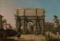 Pintura a óleo de Canaletto mostrando o Arco de Constantino em Roma, com o Coliseu ao fundo. Pessoas em trajes do século XVIII caminham pela rua de terra. O céu é claro, com tons de azul e rosa.
