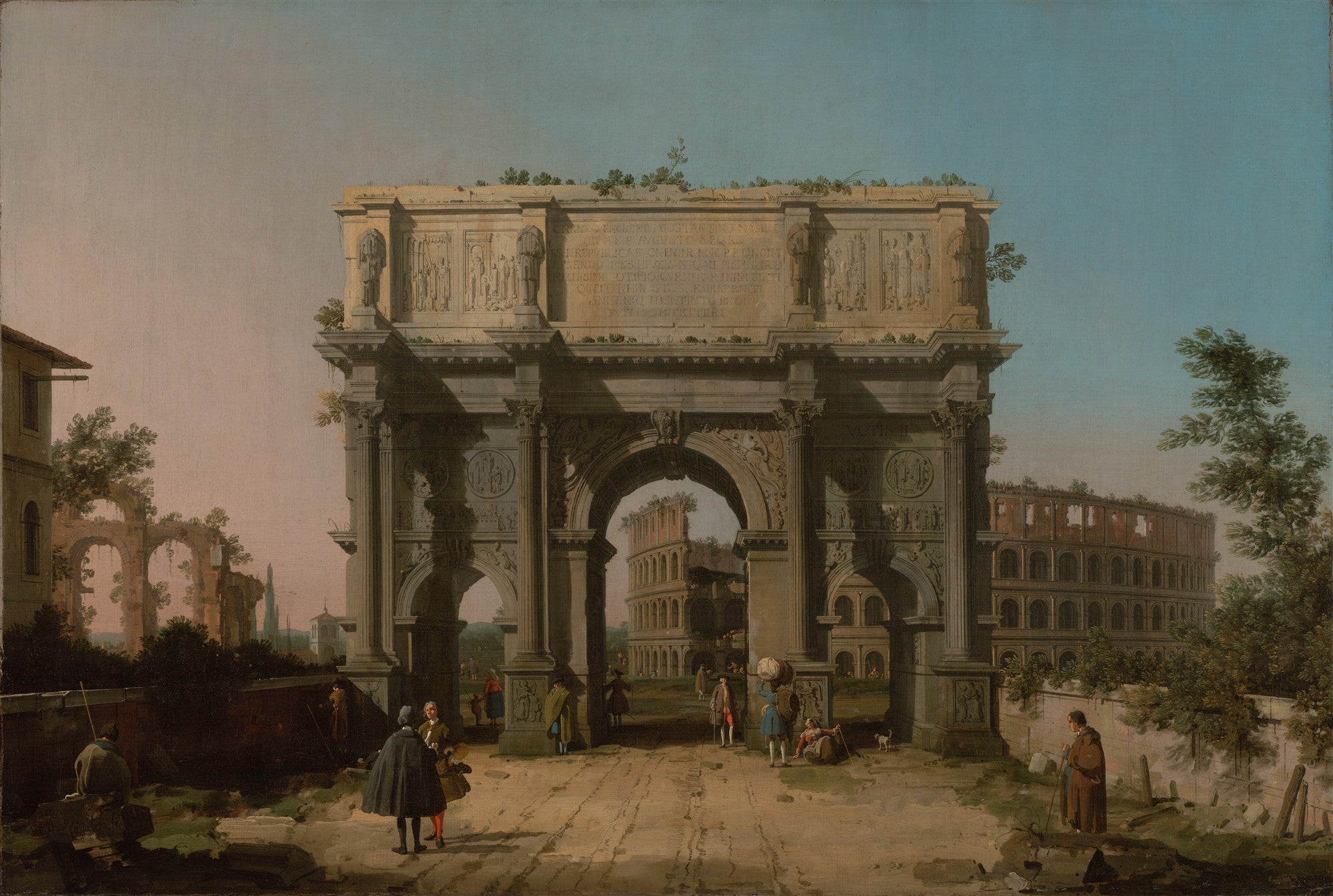 Pintura a óleo de Canaletto mostrando o Arco de Constantino em Roma, com o Coliseu ao fundo. Pessoas em trajes do século XVIII caminham pela rua de terra. O céu é claro, com tons de azul e rosa.