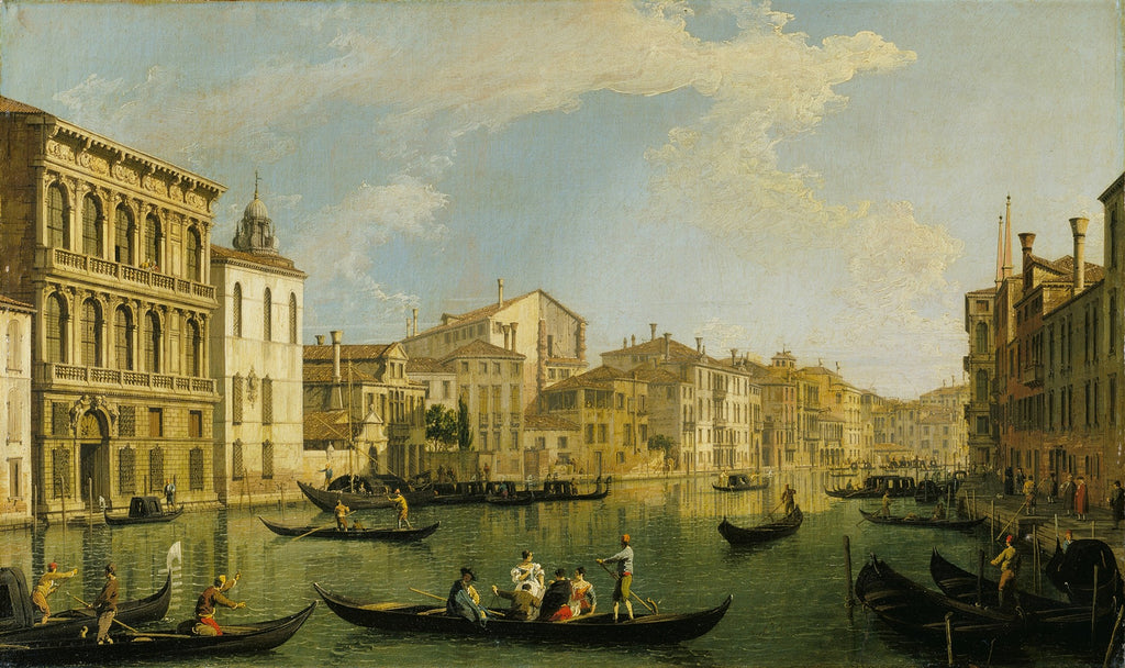 Pintura a óleo de Canaletto, 'O Grande Canal e a Igreja de Santa Maria della Salute', retratando o Grande Canal de Veneza com edifícios históricos, gôndolas e figuras humanas sob um céu claro com nuvens esparsas.