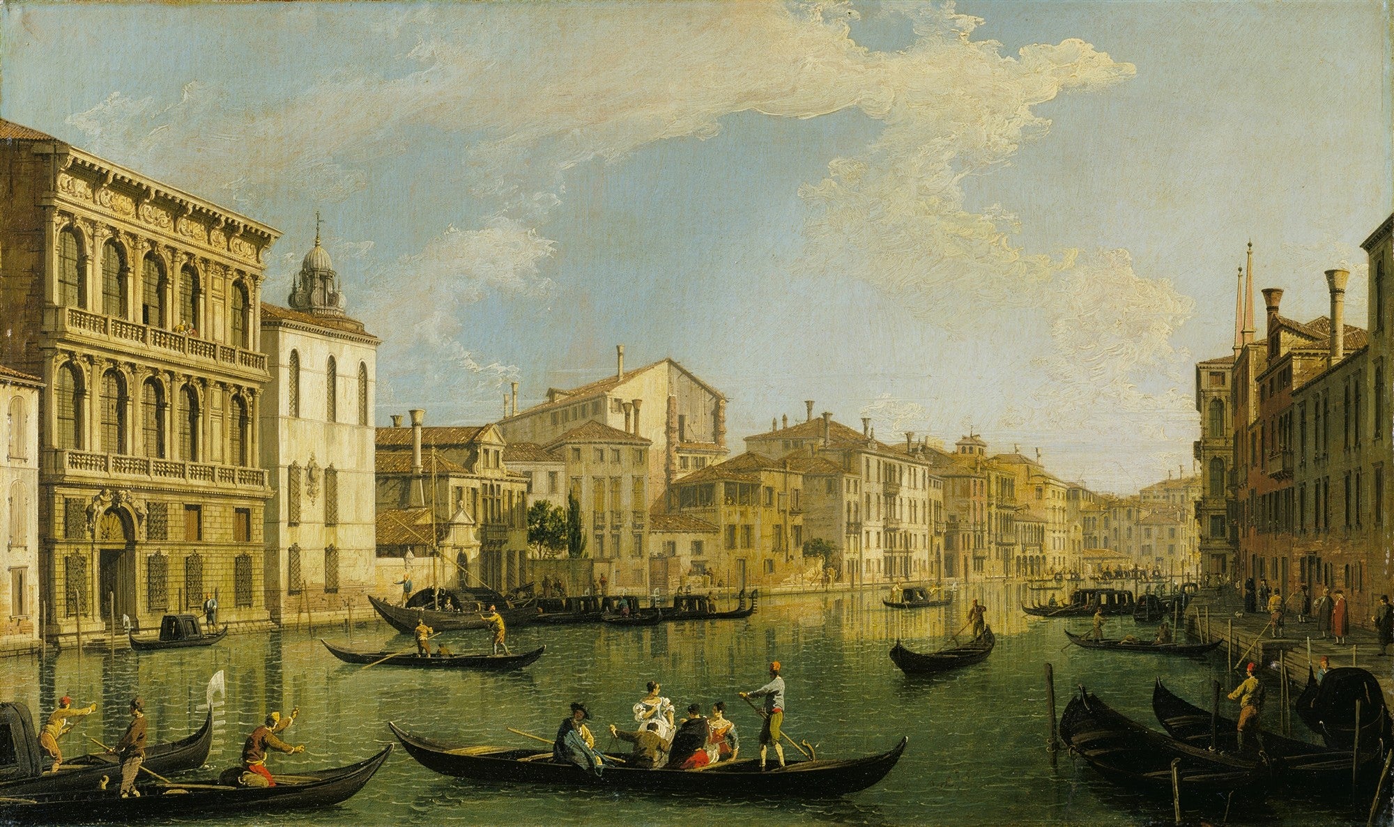 Pintura a óleo de Canaletto, 'O Grande Canal e a Igreja de Santa Maria della Salute', retratando o Grande Canal de Veneza com edifícios históricos, gôndolas e figuras humanas sob um céu claro com nuvens esparsas.