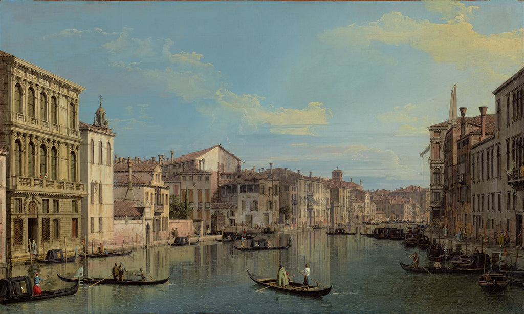Pintura a óleo de Canaletto, O Grande Canal, Veneza, mostrando edifícios históricos ao longo de um canal largo com gôndolas e pequenas embarcações, sob um céu azul com nuvens esparsas.