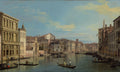 Pintura a óleo de Canaletto, O Grande Canal, Veneza, mostrando edifícios históricos ao longo de um canal largo com gôndolas e pequenas embarcações, sob um céu azul com nuvens esparsas.