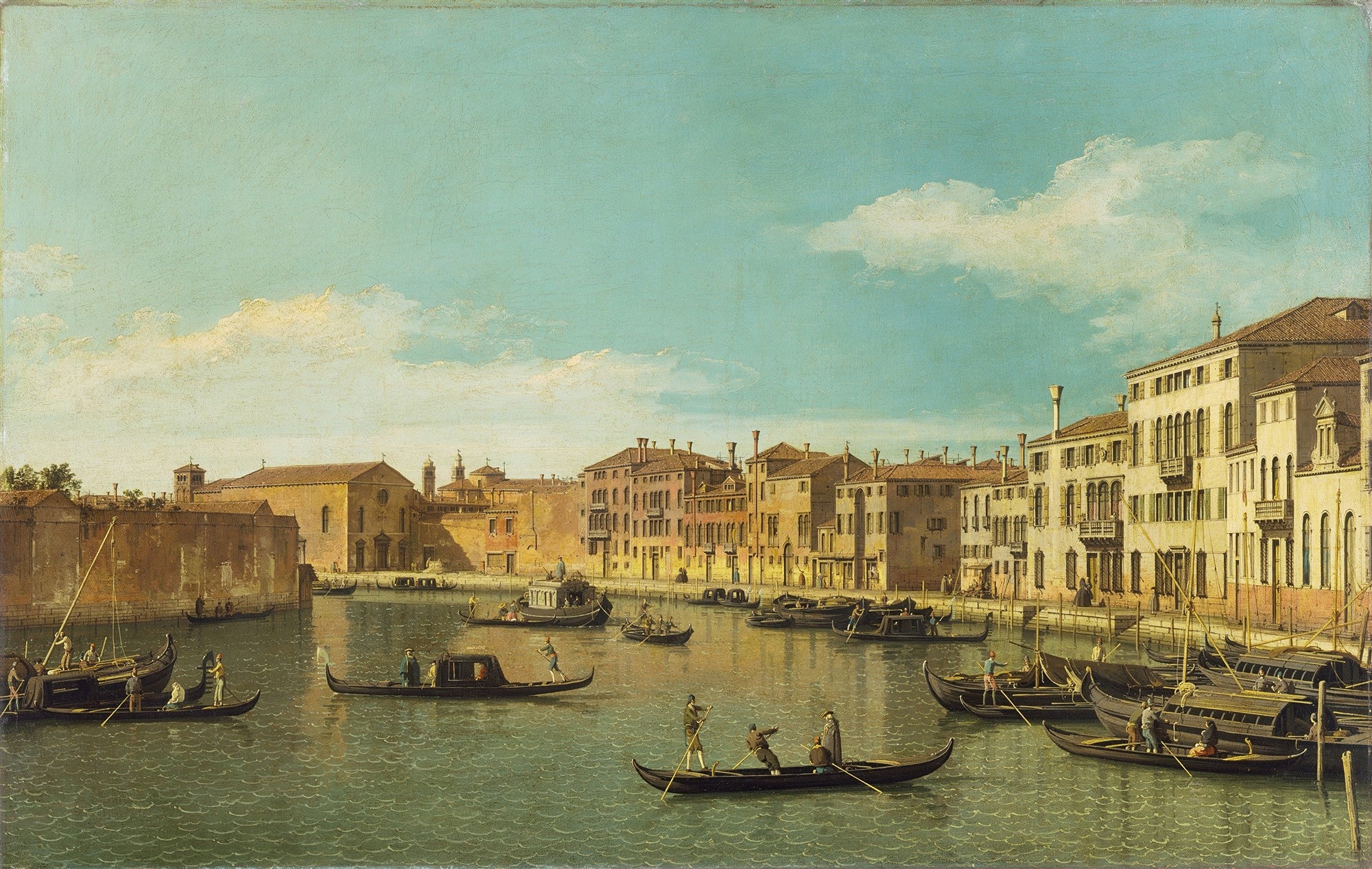 Quadro decorativo mostrando o Grande Canal em Veneza, com gôndolas e edifícios históricos sob um céu azul claro, atribuído a Canaletto.