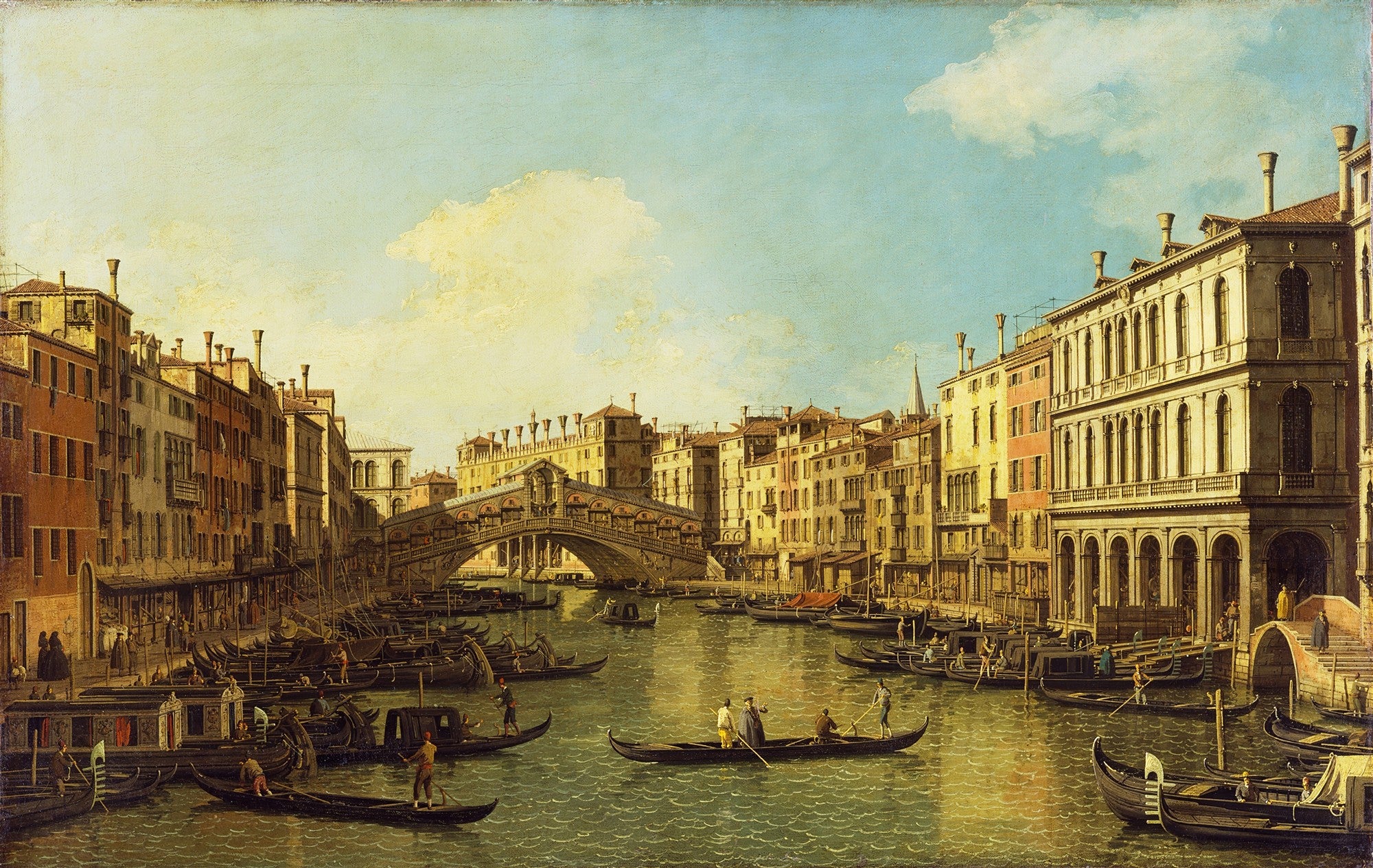 Uma pintura de Canaletto mostrando o Grande Canal em Veneza com a Ponte Rialto ao fundo, repleto de gôndolas e edifícios históricos sob um céu azul claro.