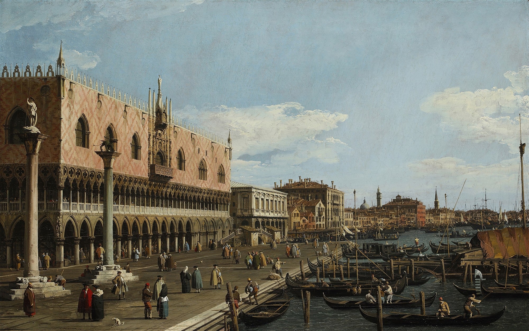Uma pintura detalhada de Veneza, mostrando a Praça de São Marcos com o Palácio Ducal à esquerda, repleta de pessoas e gôndolas em um canal azul, sob um céu claro com nuvens brancas. A luz do sol ilumina a cena.