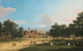 Pintura a óleo de Canaletto, St. James's Park, Londres, com pessoas passeando em um parque verde, edifícios históricos e um céu azul com nuvens brancas. Uma cena urbana clássica do século XVIII.