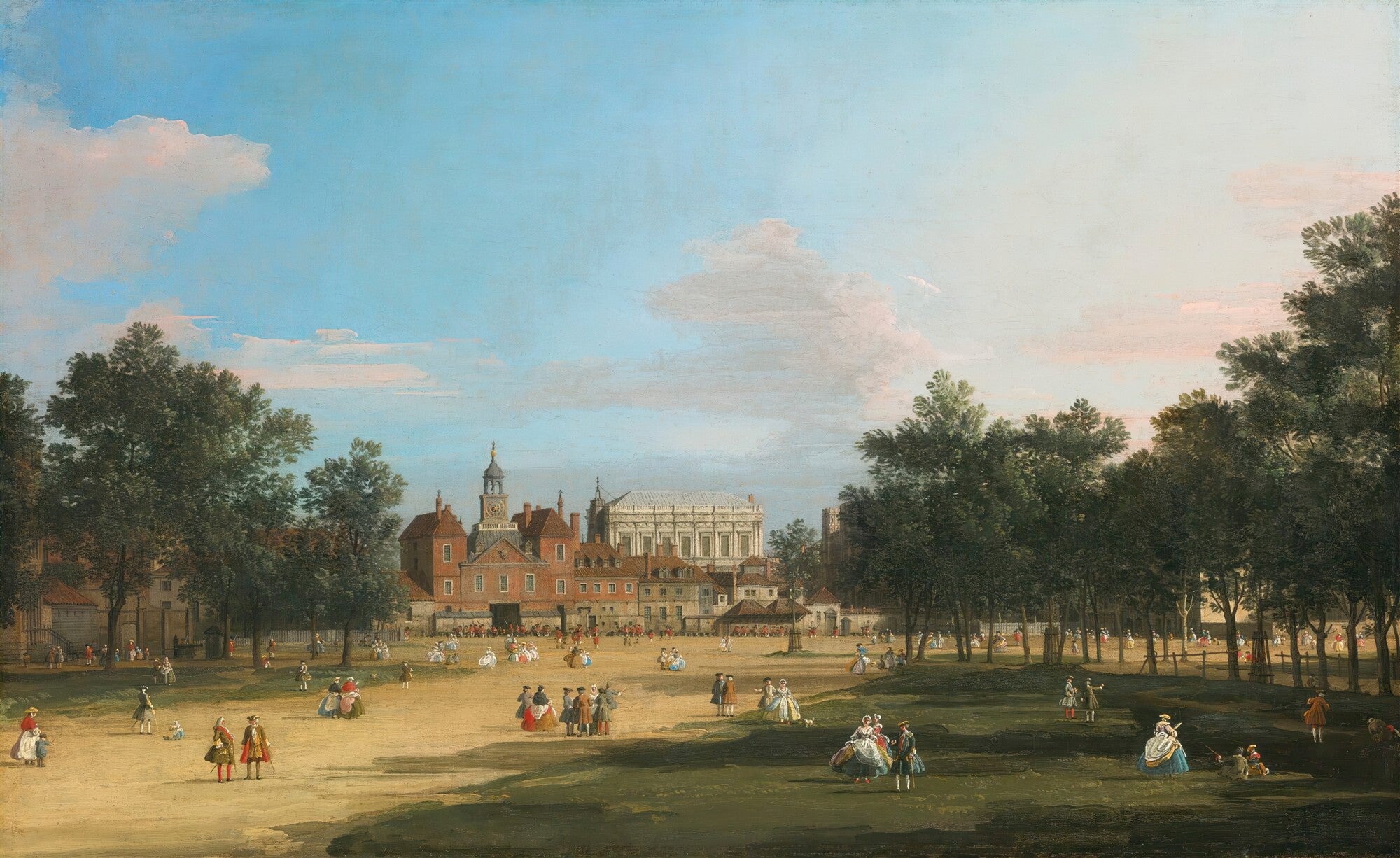 Pintura a óleo de Canaletto, St. James's Park, Londres, com pessoas passeando em um parque verde, edifícios históricos e um céu azul com nuvens brancas. Uma cena urbana clássica do século XVIII.