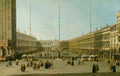 Pintura de Canaletto mostrando a movimentada Praça de São Marcos em Veneza, com edifícios clássicos, pessoas passeando e um céu azul claro.