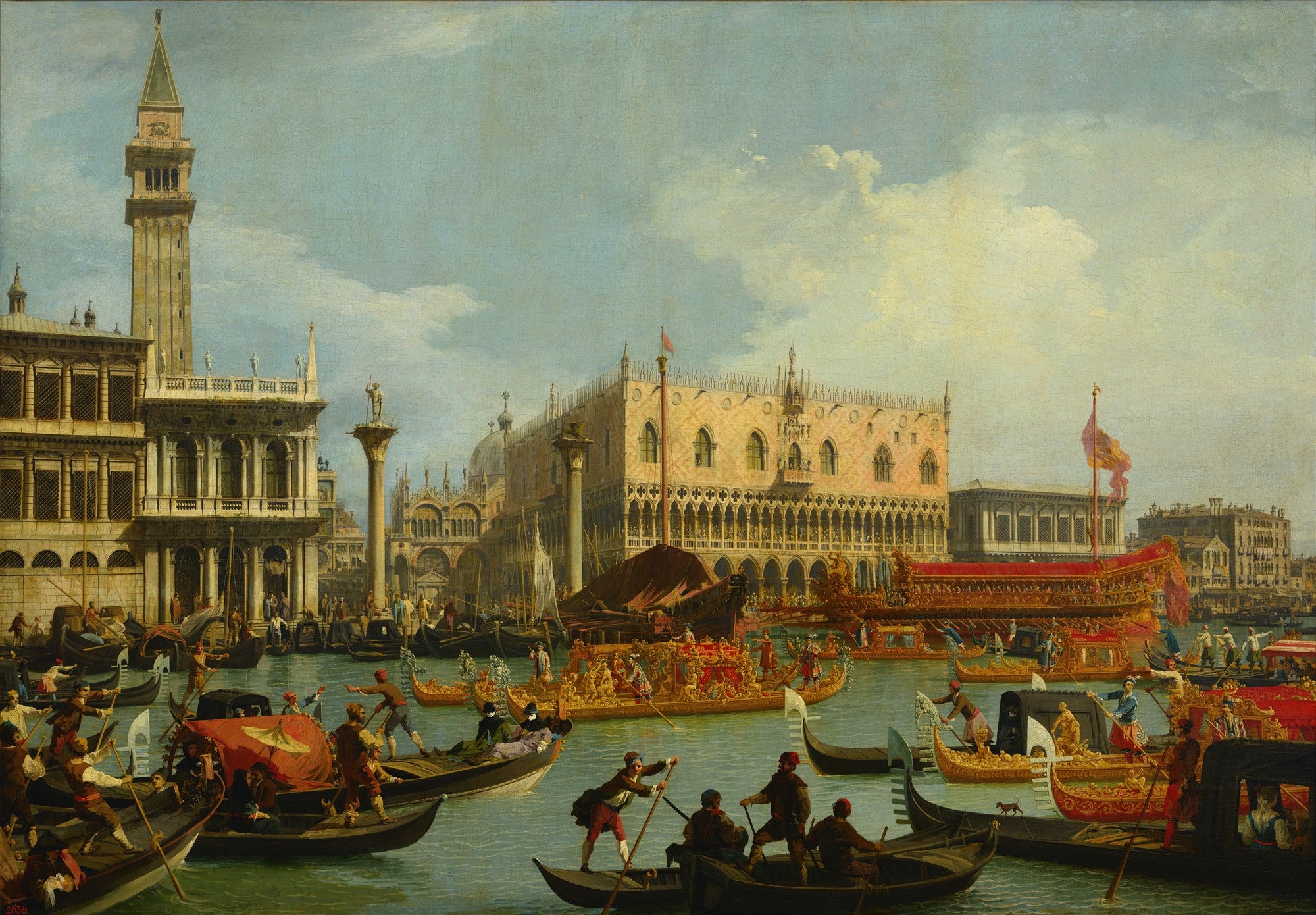 Pintura a óleo de Canaletto mostrando a "A Chegada do Embaixador Francês em Veneza", com o Grande Canal repleto de gôndolas e pessoas, e edifícios históricos como o Palácio Ducal e a Campanile de São Marcos.