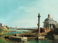 Quadro decorativo 'Paisagem com Templo e Coluna' de Canaletto, mostrando uma paisagem aquática com arquiteturas clássicas, uma coluna monumental e um templo abobadado, sob um céu azul claro.