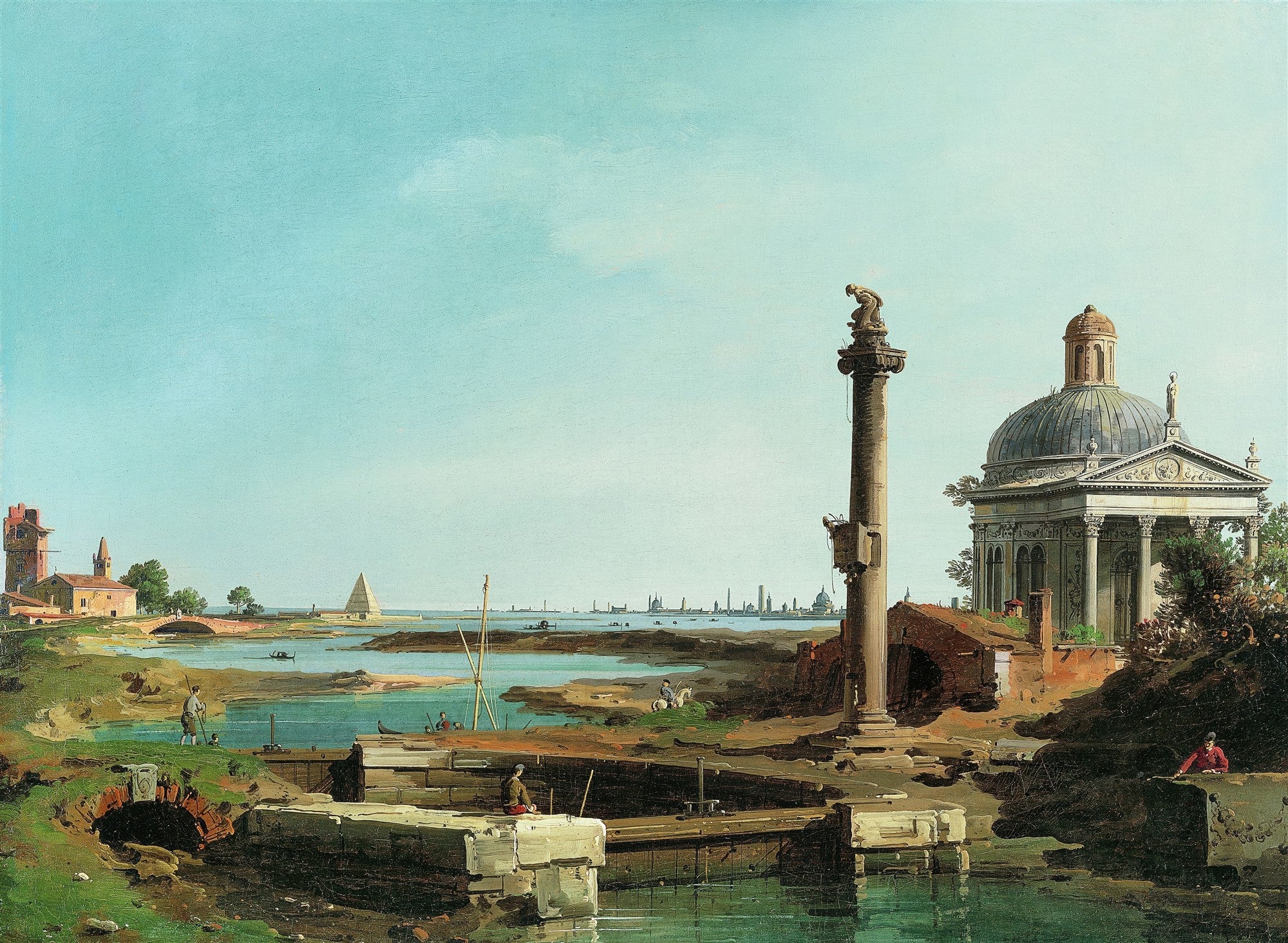 Quadro decorativo 'Paisagem com Templo e Coluna' de Canaletto, mostrando uma paisagem aquática com arquiteturas clássicas, uma coluna monumental e um templo abobadado, sob um céu azul claro.