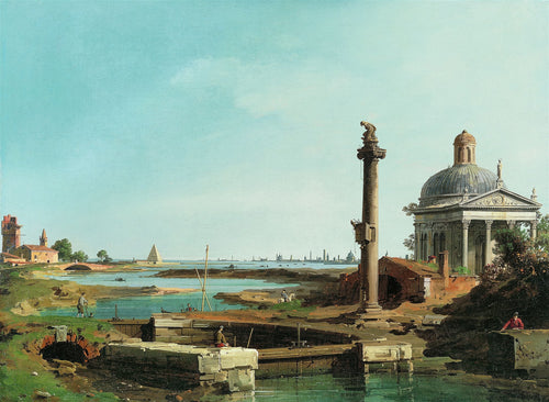 Quadro decorativo 'Paisagem com Templo e Coluna' de Canaletto, mostrando uma paisagem aquática com arquiteturas clássicas, uma coluna monumental e um templo abobadado, sob um céu azul claro.