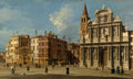 Pintura a óleo de Canaletto mostrando a praça Campo San Vidal em Veneza com a igreja Santa Maria della Carità à direita e edifícios venezianos ao fundo, sob um céu azul com nuvens. Pessoas passeiam pela praça.