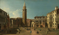 Pintura a óleo de Canaletto, 'Campo San Vidal e Santa Maria da Caridade', exibindo uma praça veneziana com um campanário alto, edifícios históricos e figuras em miniatura, sob um céu azul com nuvens brancas, retratando a vida urbana do século XVIII.