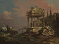 Quadro decorativo atribuído a Canaletto, mostrando ruínas clássicas com uma pirâmide e barcos em um rio ao entardecer, com céu dramático. Detalhes de vegetação e uma ponte de madeira.