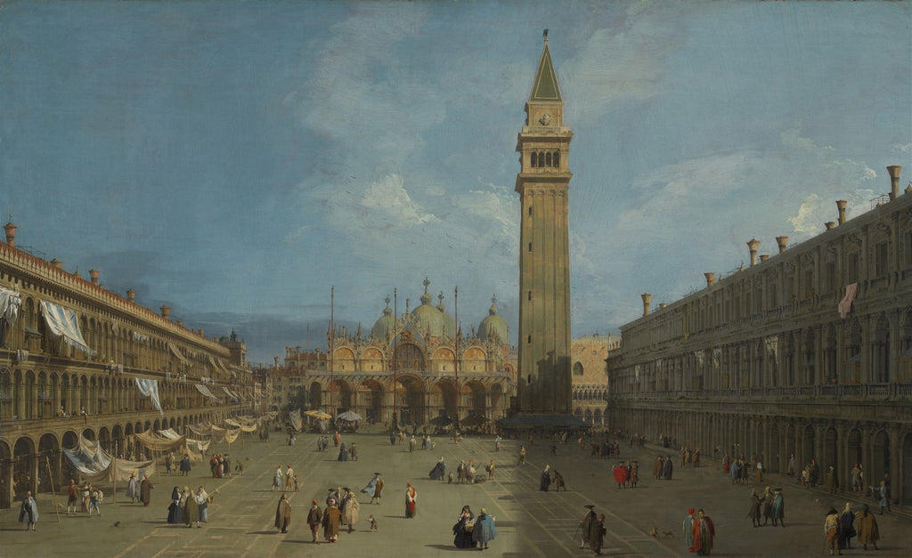 Quadro decorativo da Praça de São Marcos em Veneza, pintado por Canaletto. A imagem mostra a praça movimentada com a Basílica de São Marcos e o Campanário ao fundo, sob um céu azul claro com nuvens brancas. Figuras pequenas e coloridas passeiam pela praça.