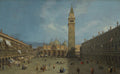 Quadro decorativo da Praça de São Marcos em Veneza, pintado por Canaletto. A imagem mostra a praça movimentada com a Basílica de São Marcos e o Campanário ao fundo, sob um céu azul claro com nuvens brancas. Figuras pequenas e coloridas passeiam pela praça.