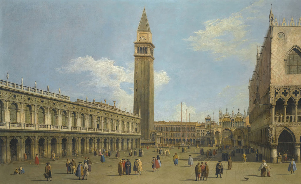 Quadro decorativo de Canaletto, A Praça de São Marcos, mostrando a icônica torre do sino, a Basílica de São Marcos e o Palácio Ducal, com figuras caminhando pela praça sob um céu azul claro com nuvens esparsas.